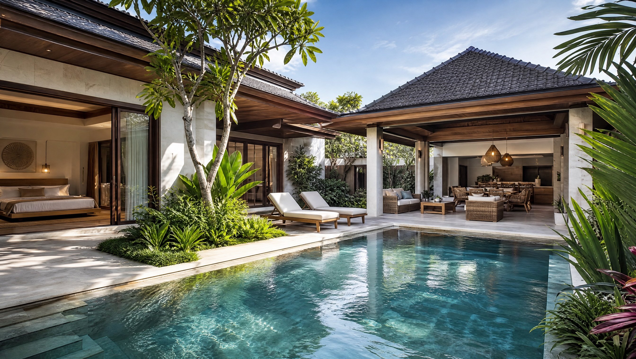 Modern Bali pool villa with tropical landscaping